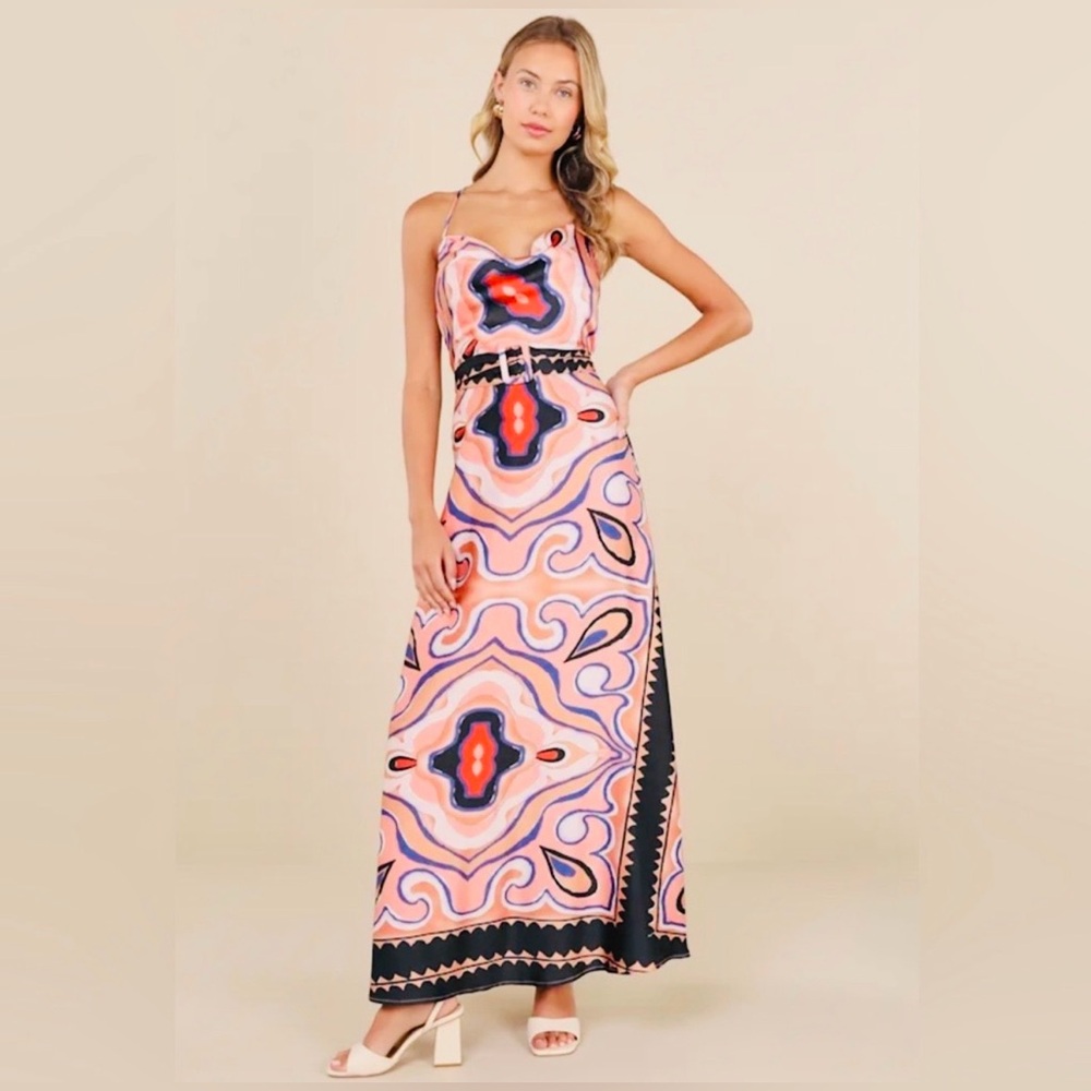 Lulus Peach Patterned Maxi Slip Dress with Spaghetti Straps